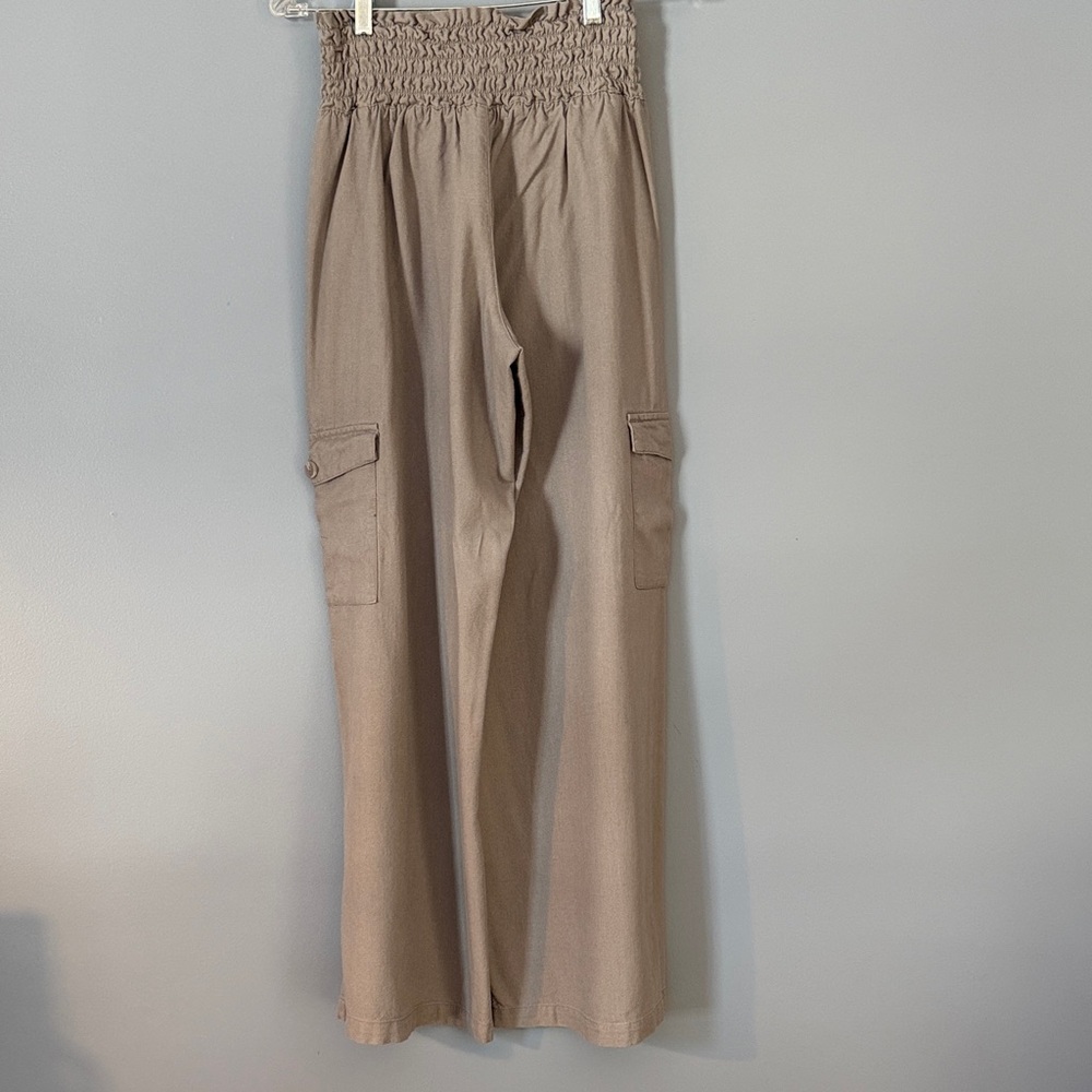 Tan Wide-Leg Cargo Pants Cotton Linen Size Large Wicked Nice - Picture 6 of 12